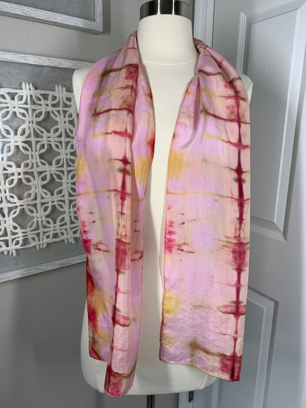 Pink and yellow silk tie dye scarf